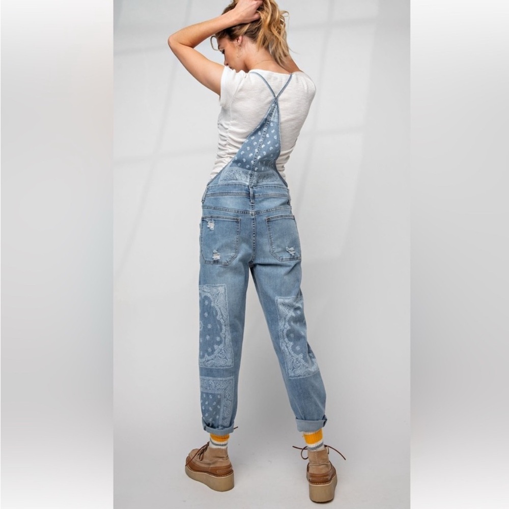 Easel Los Angeles Distressed Bandana Denim Overalls Small